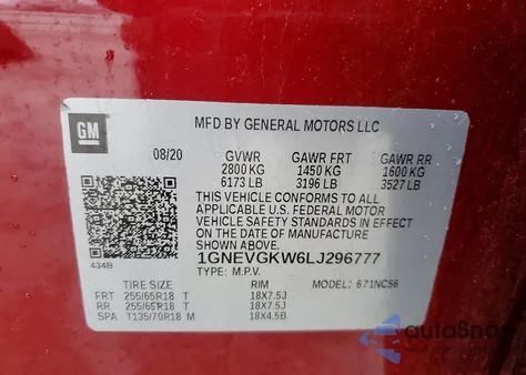 2020 Chevrolet Traverse Lt z USA, uszkodzony, nr VIN 1GNEVGKW6LJ296777